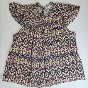Rose + Olive Shirt Womens XL Blue Multicolor Ikat‎ Smocked Flutter Sleeve Rayon